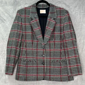 Vintage Pendleton Blazer‎ Black Red Plaid Virgin Wool 3 Button Classic Size 10